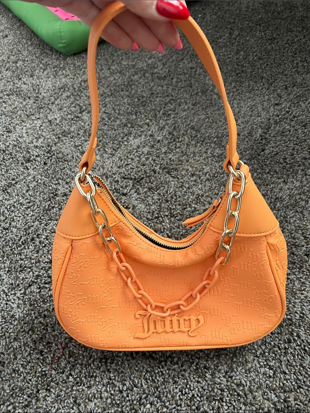 Juicy Couture Orange Embossed Logo Shoulder Bag with Gold Chain